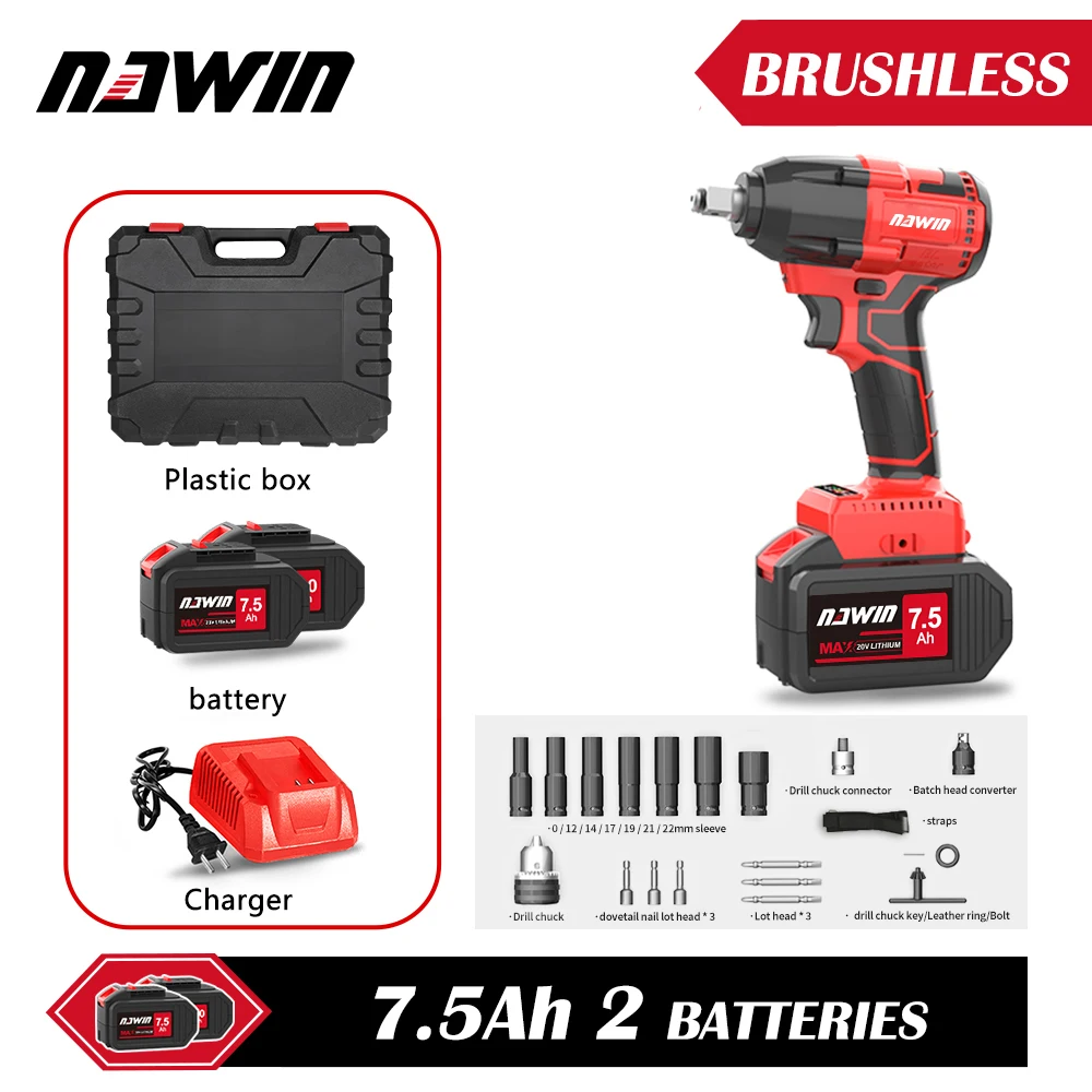 NAWIN Electric Impact Wrench 21V Brushless Wrench Socket Li-ion Battery Hand Drill...