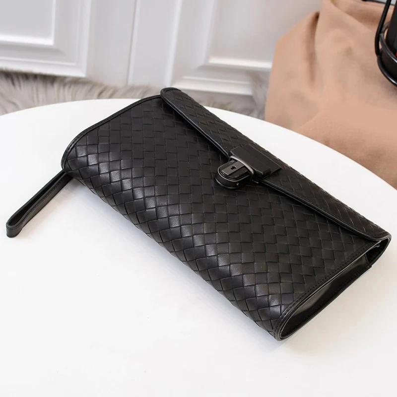 

New Men High Quality Luxury Genuine Leather Cowhide Woven Clutch With Hand Strap Large Capacity Casual Designer Wallet Purse