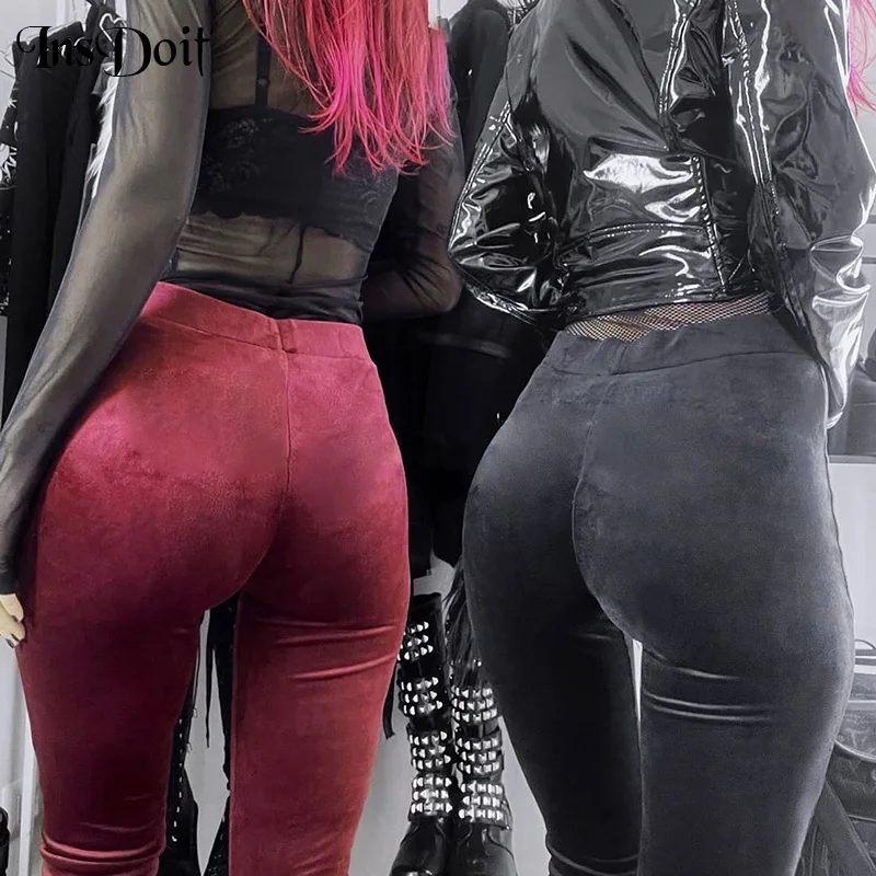

InsDoit Gothic Velvet Summer Pants Women Harajuku Vintage Sexy Trousers Streetwear Flare Pants Punk Grunge Y2K High Waist Pants