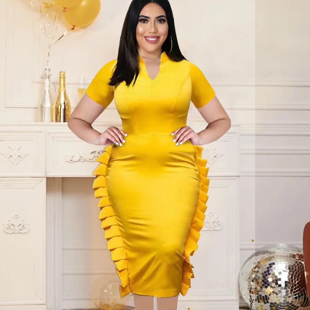 

Short Sleeve V Neck High Waist Ruffles Slim Bodycon Dress Office Lady Evening Party Dress Women Elegant Yellow Pencil Dress 2022