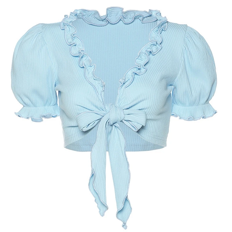

E15E Women Summer Vintage Short Puff Sleeve Crop Top Ruffles Trim Sexy Deep V-Neck T-Shirt Ribbed Knit Tie Knot Front Blue Slim