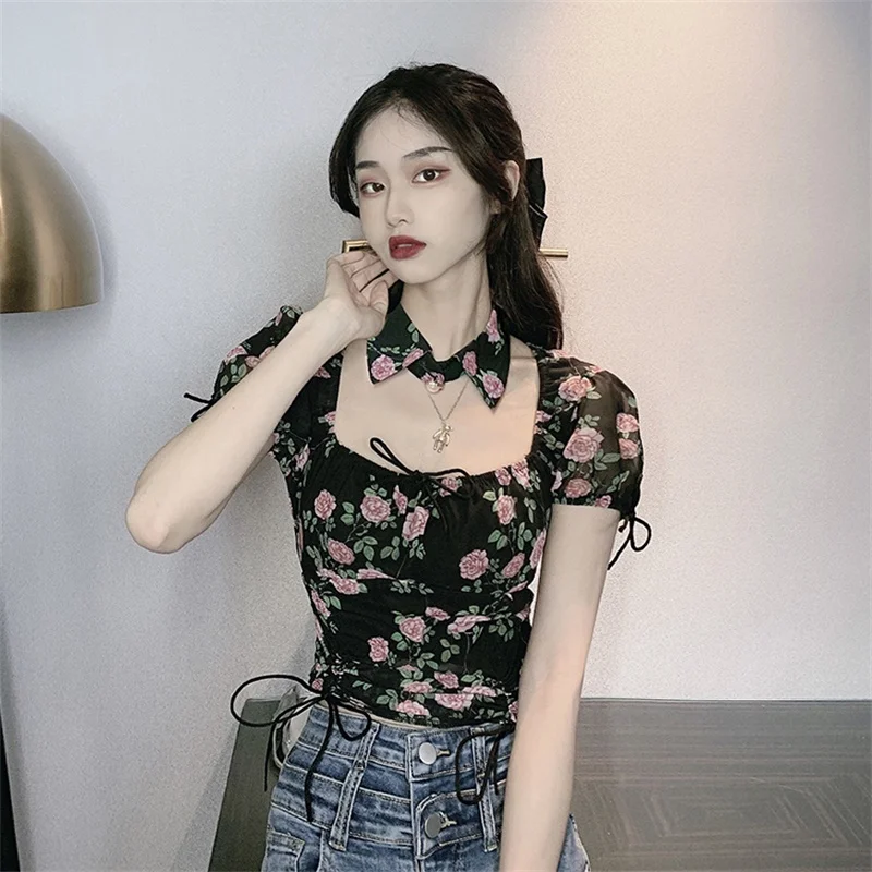 

Korean Retro Hong Kong Style Temperament Waist Slim Short Top 2021 Summer New Drawstring Square Collar Rose Print Top 8427