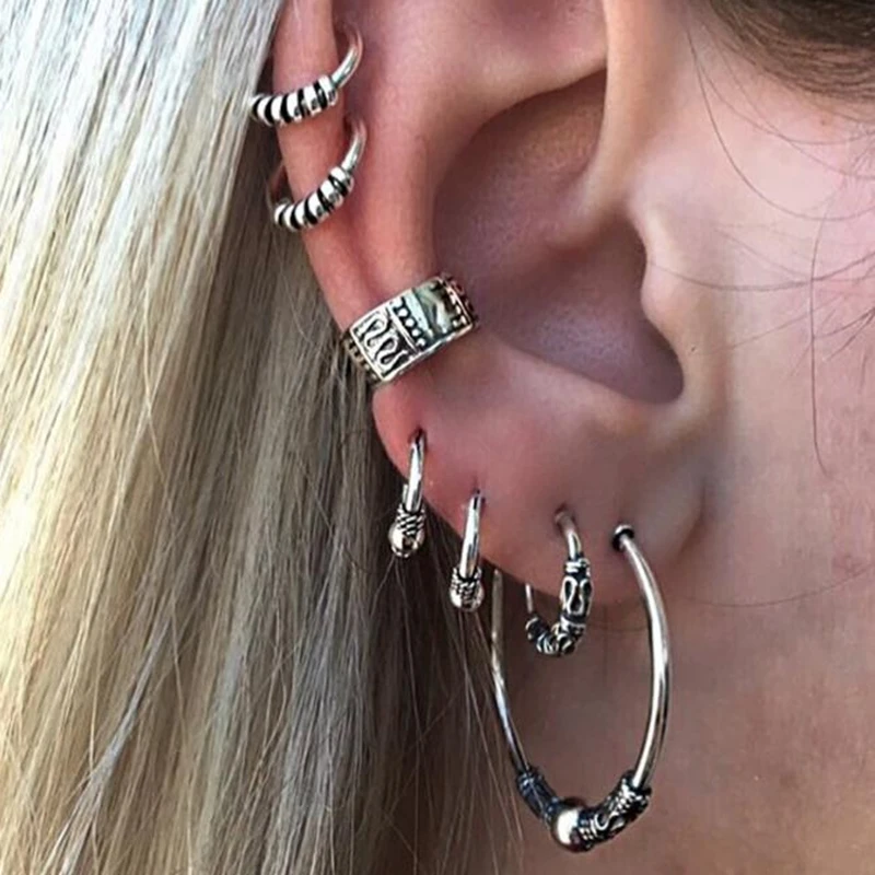 Punk Style Silver Color Earrings Sets for Women Ethnic Bohemia Clip Stud Feather Leaf Owl Jewelry Wholesale | Украшения и