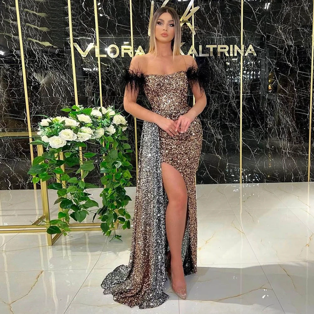 

Black Evening Dresses 2022 Luxury Feather Sequin Off-The-Shoulder Sexy Prom Gowns Elegant Side Split Long Mermaid Party Dress
