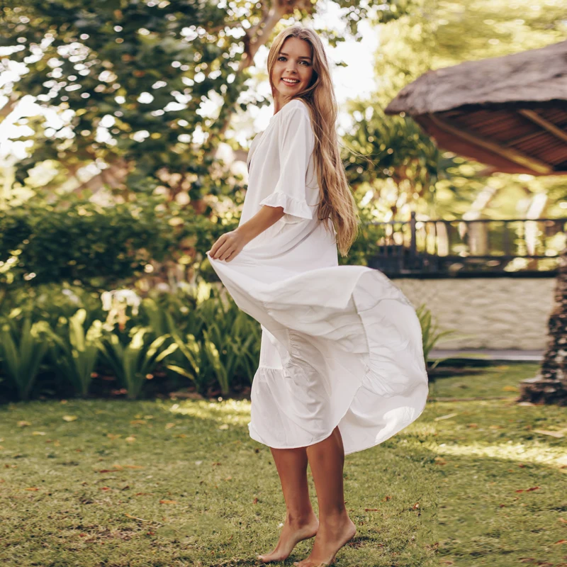 Casual Fashion Solid Pure white Elegant Dress Plus size Midi Long Shirt Dress V-neck Petal Sleeve Kurta Indian yoga Dress images - 6