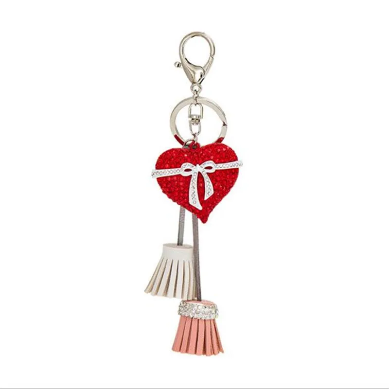 

Bohemian Red Crystal Heart Keyring PU Leather Tassel Women Keychain Bag Holder Cool Man Key Ring Party Wedding Gift Trinkets
