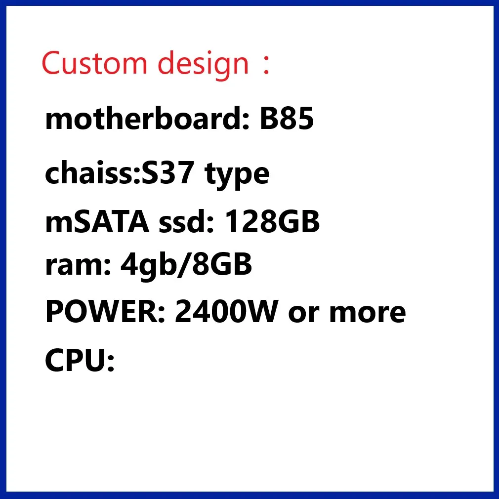 

Mining platform, motherboard, CPU, SSD, RAM, power supply, chassis