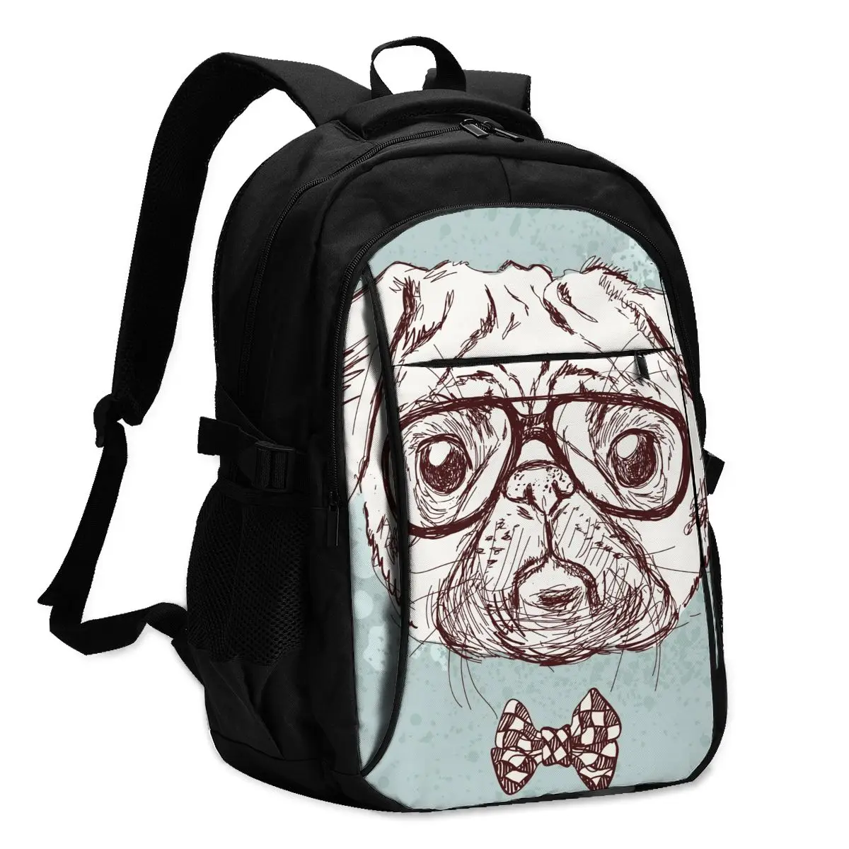 

2021 Прохладный печати ноутбук рюкзак Винтаж Hipster Мопс собачьи очки Лук зарядка через USB путешествия Для женщин Мужской школьная сумка Mochila