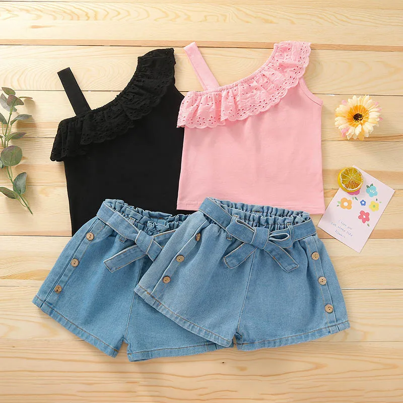 

Girls Summer Clothing Set Ruffle Sling Lace T Shirt Top Denim Cowboy Shorts for Kids Girl 2Y 3Y 4Y 5Y