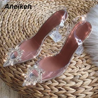 aneikeh big size 41 42 43 44 45 fashion clear pvc sandals women shoes rhinestone sunflower high heels summer back strap sandals
