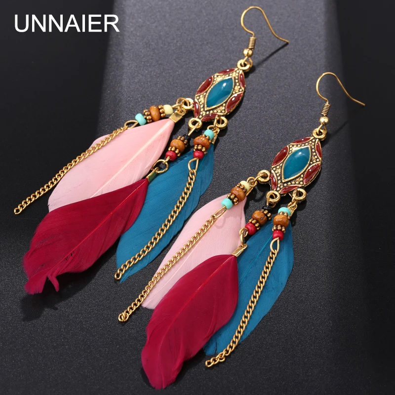 

UNNAIER vintage palace ladies earrings S925 silver hypoallergenic color feather earrings 2021 trend tragus perforated jewelry