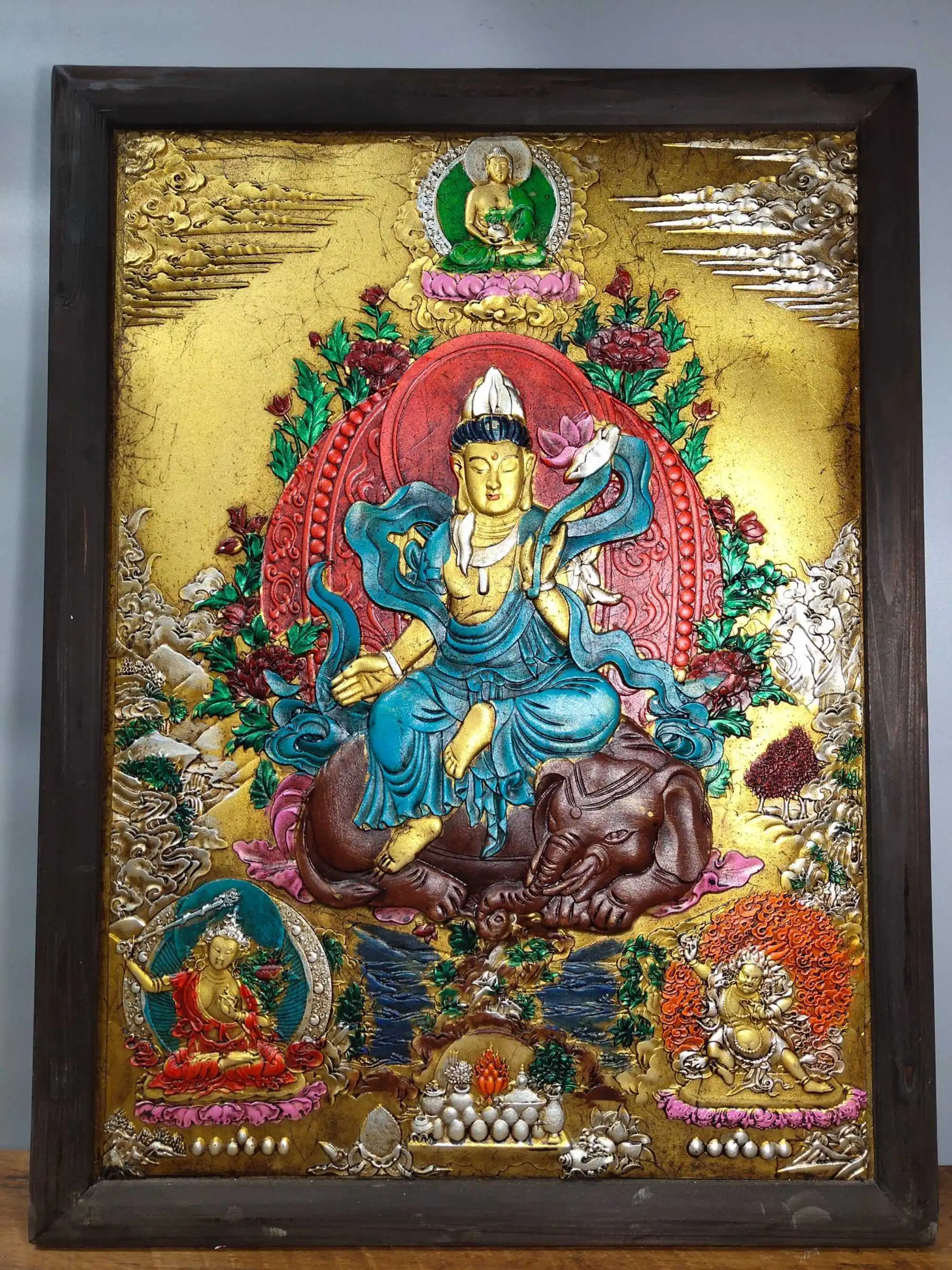 

Домашний декор 28 дюймов Тибетский буддизм старая бронзовая деревянная рамка окрашенная танка самантабхадра статуя поклонение амулеты ...