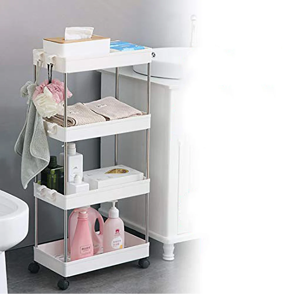 

Movable 3/4 Tier Storage Organizer Rack Kitchen Bathroom Shelf Metal Rolling Trolley Cart Basket Stand Wheels Save Space Holder