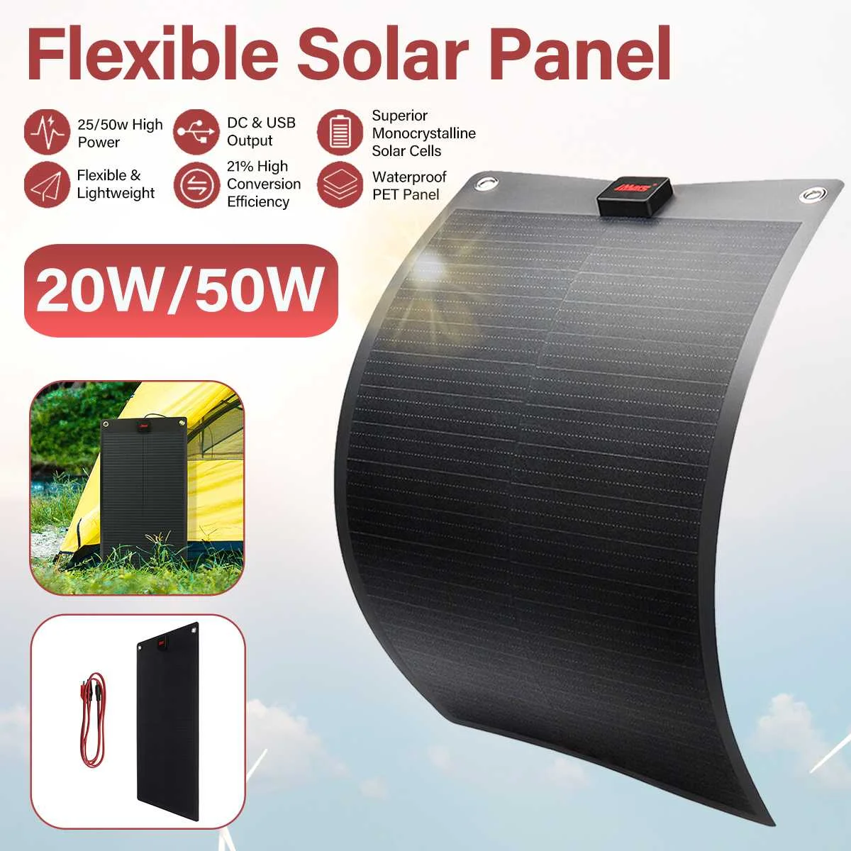 Imars 25w/50w 19v pet painel solar flexÃ­vel pilha carregador de bateria dc & usb saÃ­da portÃ¡til painel solar kit completo para exterior