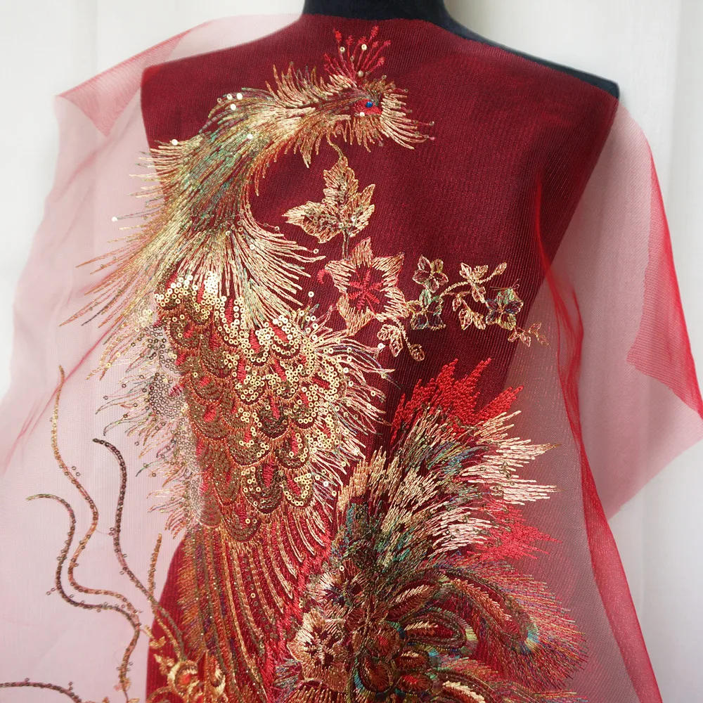 Огромная вышитая кружевная аппликация феникса с блестками отделка нашивка для