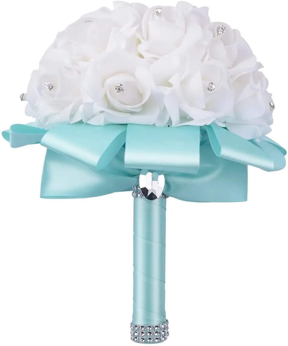 

Bridesmaid Toss Bouquet Hand Made Artificial Rose Flowers Diamond Satin Bride Bouquets for Wedding (White+Green)