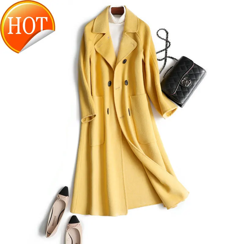 

100% Wool women double-sided cashmere Spring coat south Korean contracted female sense yellow wool coat lapels long woollen coat