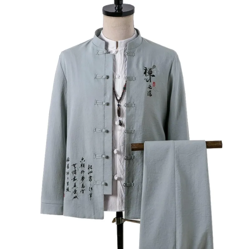 

M-4XL Frog Button Long Sleeve Spring Summer Mens Suits With Pants Traditional Chinese Streetwear 2 Piece Men Suit Slim Fit XXXXL