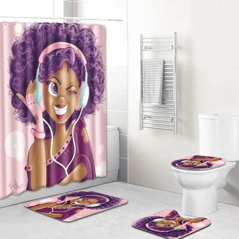 4 Pcs/Set Fashion African American Women Shower Curtains with Hooks Bath Rug Sets Non Slip Carpet Toilet Cover Mat Set | Дом и сад