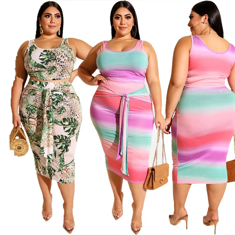

Plus Size Dress for Women 4XL 5XL Fashion Sleeveless Tank Dresses Two Piece Summer Fashion Print Green O Neck Sheath Dress Large