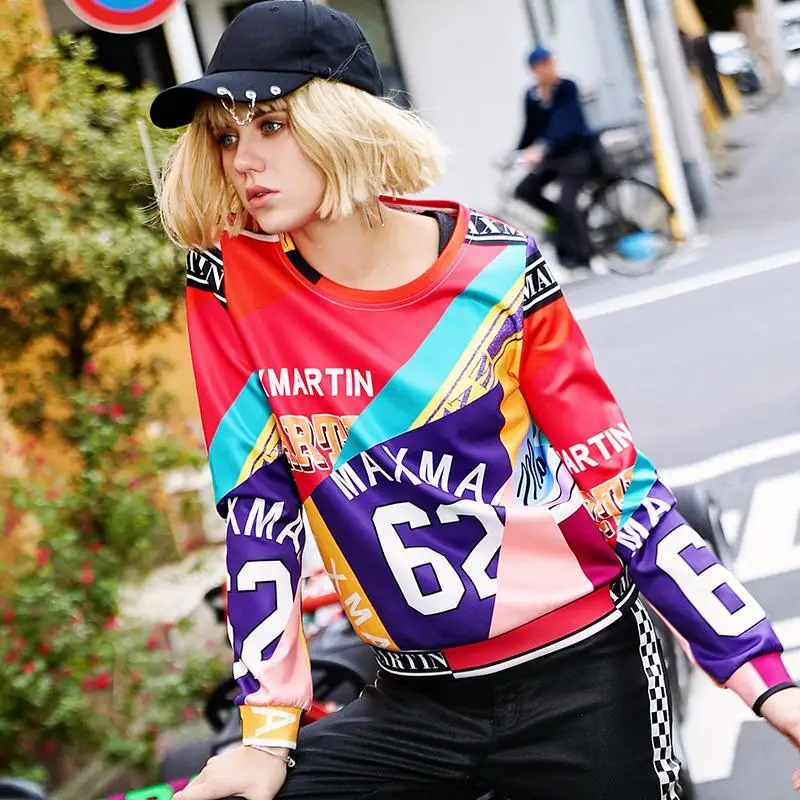

2020 new Women Spring Autumn Long Sleeves O-Neck Sweatshirts Fashion Letter Hit Color Print Tops Female Casual Loose Pullovers