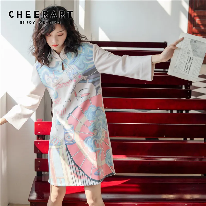 CHEERART японский Стиль Платье с принтом Для женщин Cheongsam женские Платья цветочным