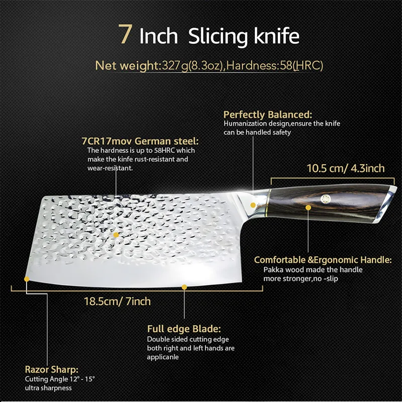 Кухонный нож 7 дюймовый китайский мясницкий 7CR17 440C кованый из нержавеющей стали