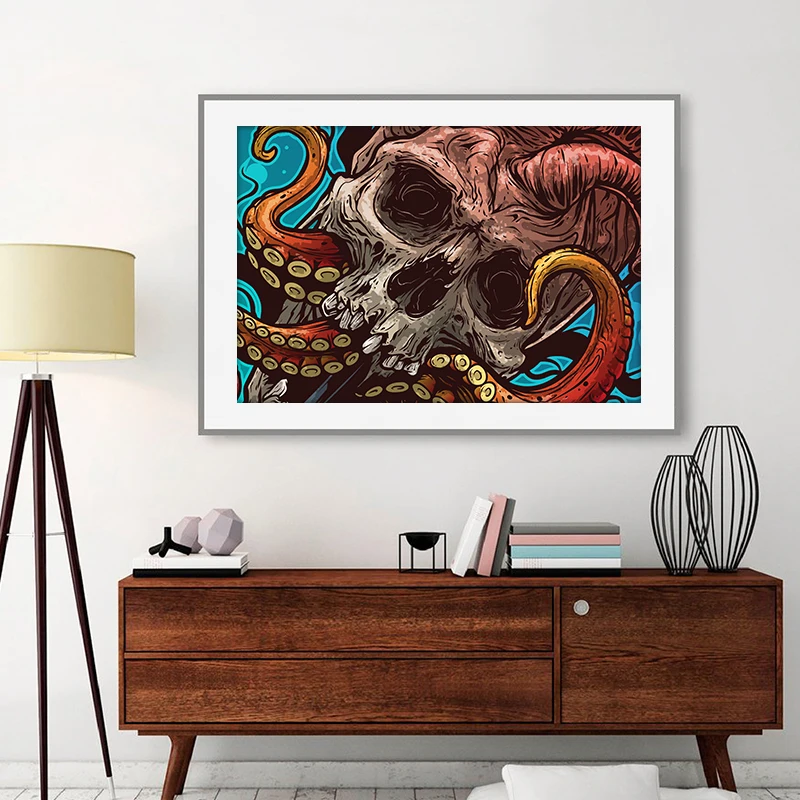 

Cartoon Colorful Octopus Skull Canvas Painting Tattoo Artist Posters and Prints Vintage Abstract Wall Art Picture Home Decor
