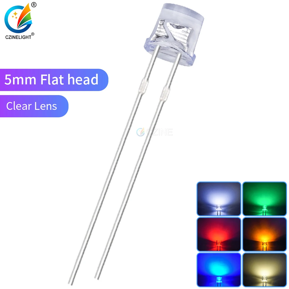 1000pcs/bag Czinelight Clear Lens High Bright F5 5mm Top Flat Led Emitting Diode White Yellow Red Blue Green