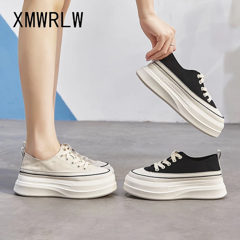 Женские кроссовки на платформе XMWRLW черные белые толстой подошве для весны и
