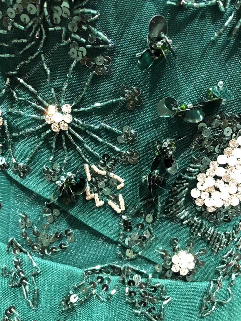 Dark Green CustomMade Real Photos Heavy Beads Boat Neck A-line Floor Length Sweep Train Party Prom Dance Women Evening Dresses