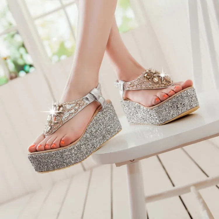 

Diamond Glitter Womens Platform Wedge Heels Flip Flops Sandals Plus Sz Ladies