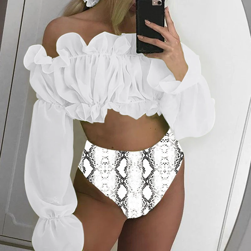 Sexy Green bikini set Swimwear Women Mesh long sleeve swimsuit female High waist bikini Snake printed Bathing suit Mujer