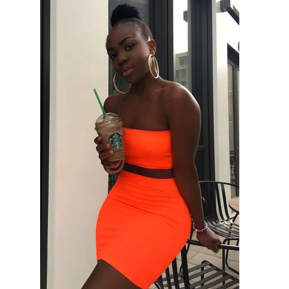 

Summer new women's tight sexy outdoor breast orange two suit skirt