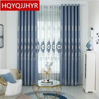 european and american high quality gray chenille velvet thick gold embroidered blackout curtains for living room bedroom kitchen