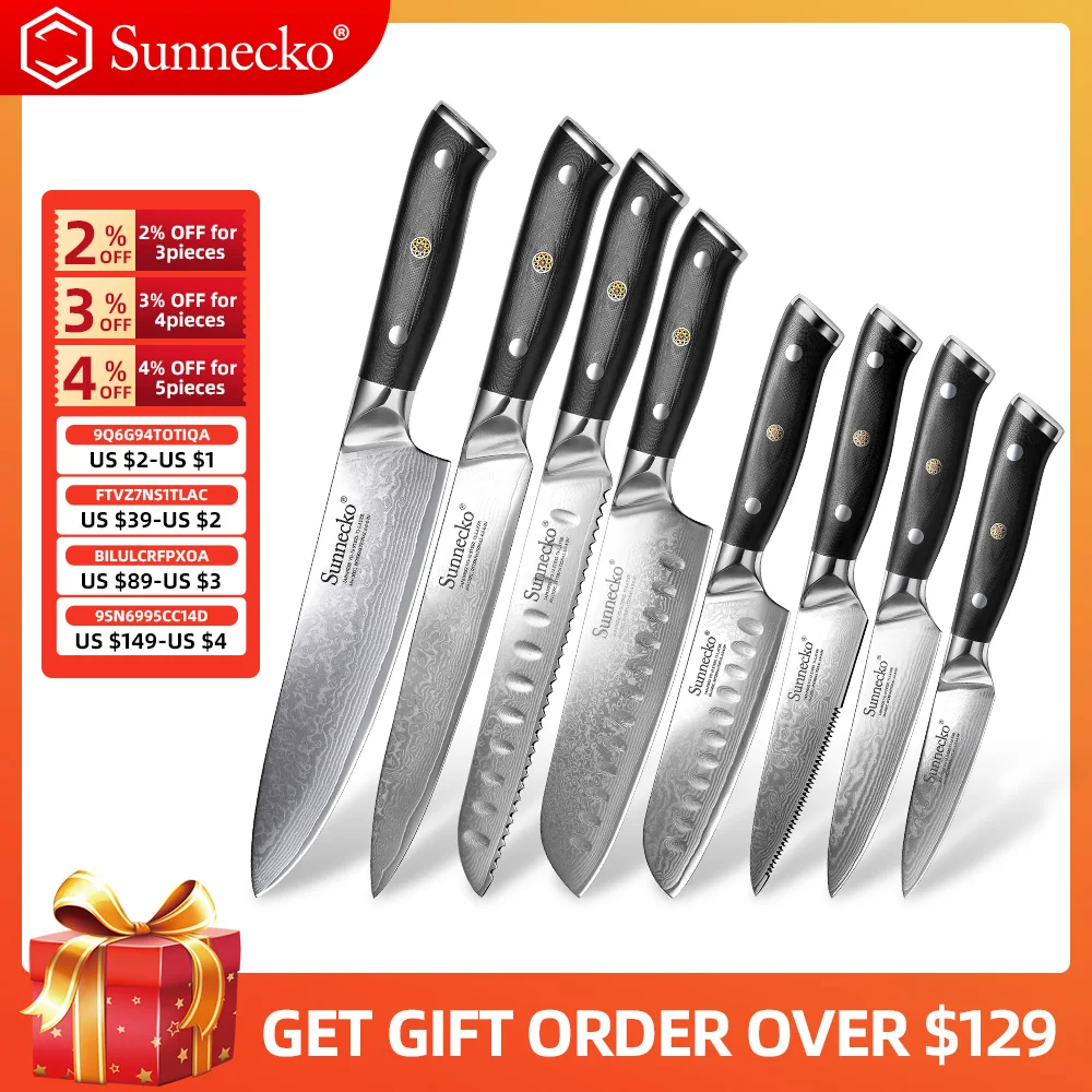 SUNNECKO-Juego de cuchillos de cocina de Chef de Damasco, rebanador de acero japonés VG10, Santoku, Utilidad de carne, pelar pan, mango G10, 1-8 unidades