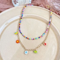 bohemian multilayer pearl daisy pendant necklaces for women fashion colorful rice beads choker necklaces female holiday jewelry