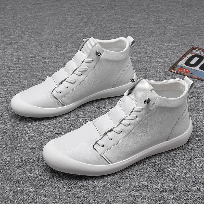 

Genuine Leather Shoes Men High top Sneakers Fashion Men White Shoes Cool Street Young Man Footwear