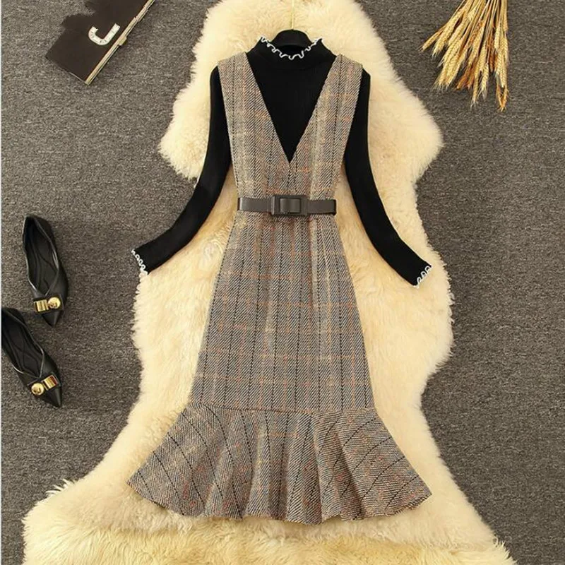

2021 New Two Piece Set Women Dress Suits White Wave Trim Black Knitted Bottoming V-neck Slim Plaid Pleated Mermaid Vest Dresses