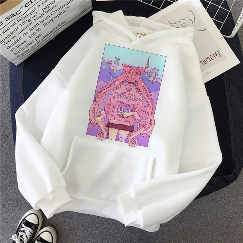 В морском стиле Женские С капюшоном kawaii забавные ulzzang Толстовка harajuku в Корейском