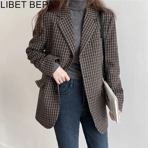 Блейзер Женский, Осень-зима 2021, клетчатый, с карманами, деловой, винтажный, для офиса, JK2201