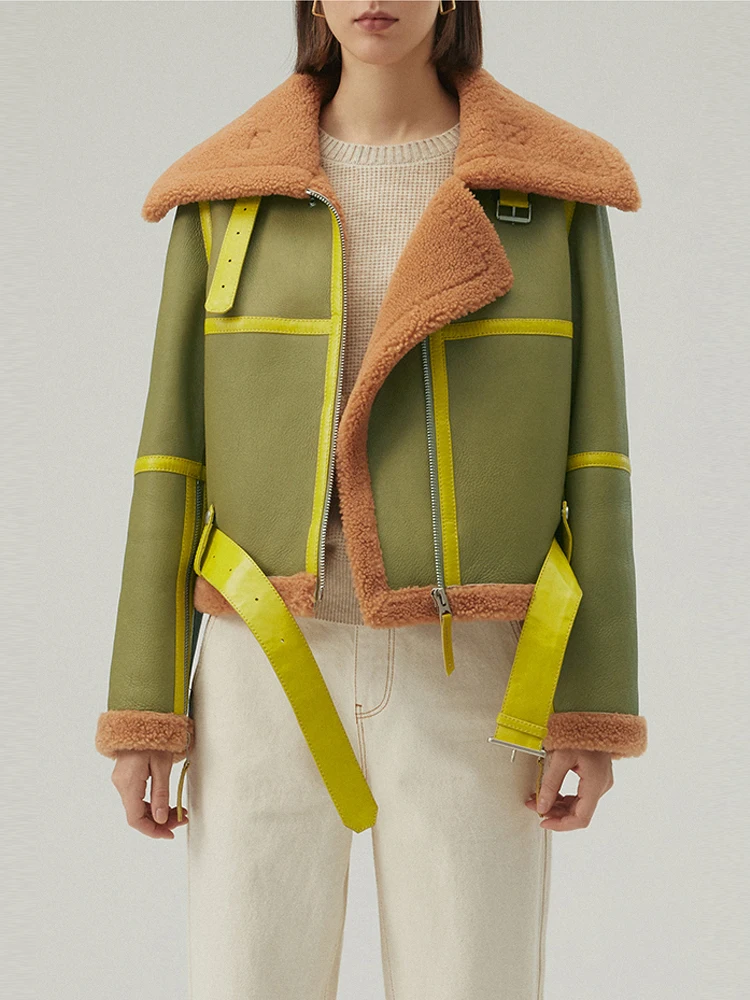 2020 New Womens Shearling Coat Short Leather Jacket Winter Fur Coat Fashion Motorcycle Jacket Green Bomber Jacket Womens