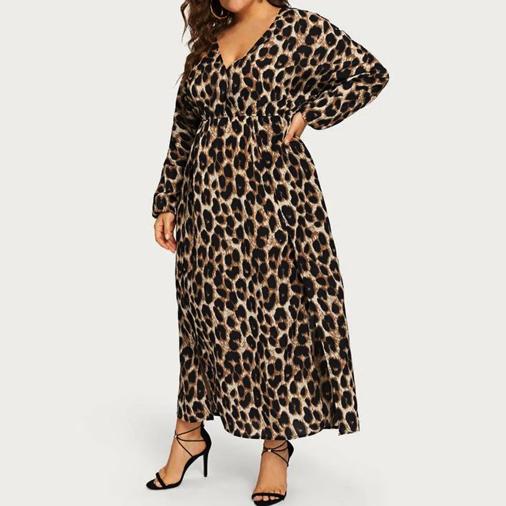 Mode Luipaard Print V-hals Lange Mouwen Split Jurk Vrouwen Herfst Winter Elegante Sexy Vestidos Plus Size 2019 z0805 | Женская одежда