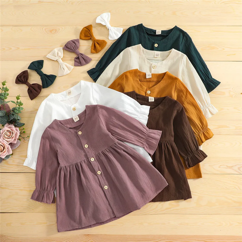 

Модное платье-рубашка с пышными рукавами для маленьких девочек, платья принцессы, повседневное однотонное хлопково-льняное платье для мале...