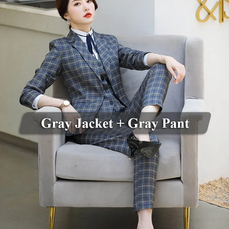 2 Pieces Gray Suit Lenshin, высокое качество, комплект из 2 предметов, клетчатый Деловой брючный костюм, Блейзер, Офисная женская униформа, дизайн, для женщин, сохраняющий стройность, пиджак и брюки - Цвет: 2 Pieces Gray Suit