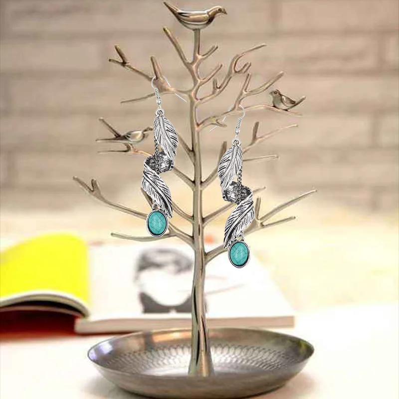 

Bohemia 7cm Long Link Chain Turquoises Drop Earrings Women's /Gold Metal Twist Leaf Blue Stone Vintage Earring Gift Z3D308