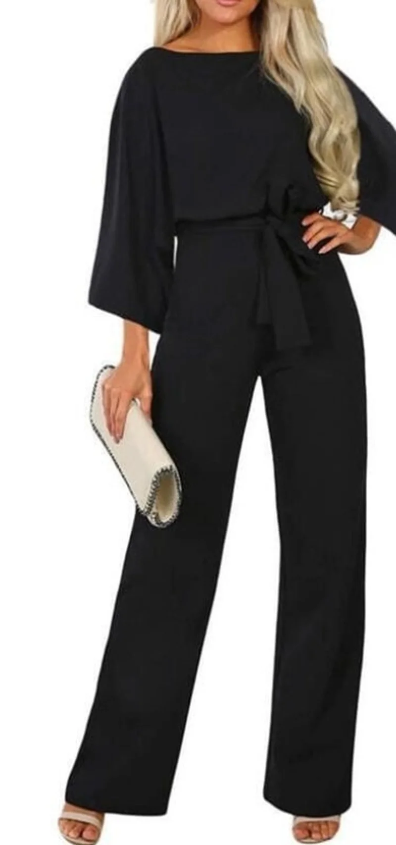 

Kalenmos Solid Color Ladies Jumpsuits Fashion Bat Long-sleeved Lace-up Waist Straight Leg Streetwear Loose Jumpsuit Women