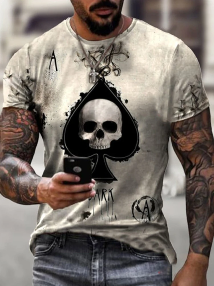 

2021 Summer Casual Skulls Printed Short Sleeve Men's T-shirt Fashion Solid Color Crew Neck Loose Oversized Tops