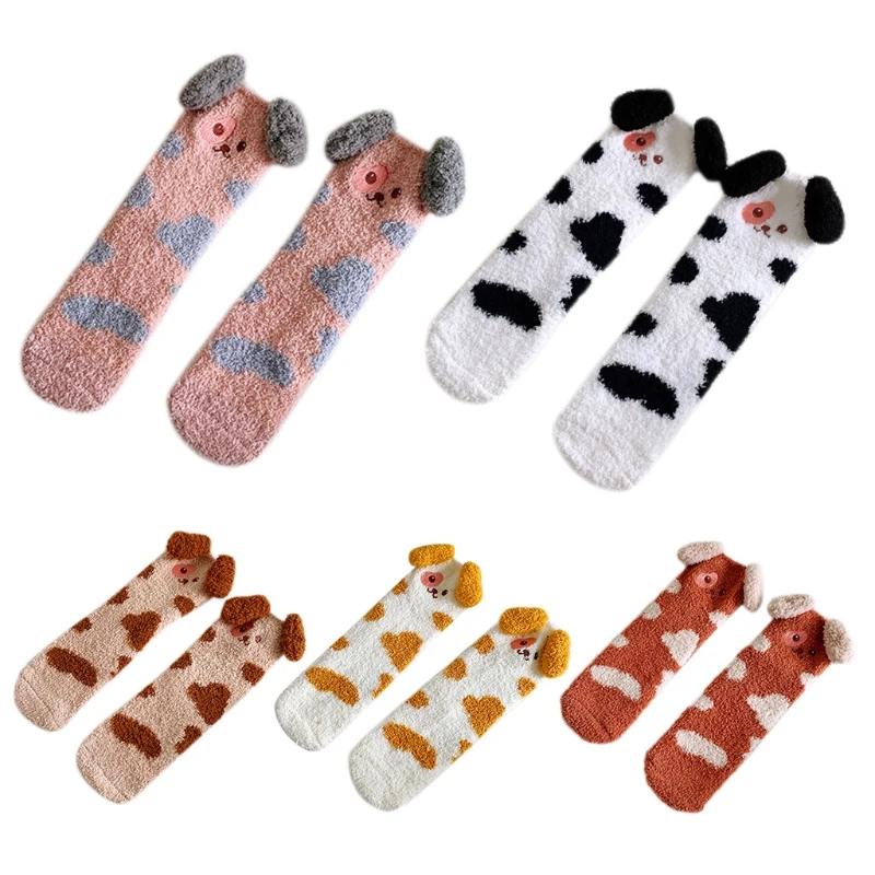 

573B Korean Style Women Winter Fuzzy Slipper Socks Cartoon Pudding Dog Embroidery Thick Fluffy Coral Velvet Floor Sleeping Foot