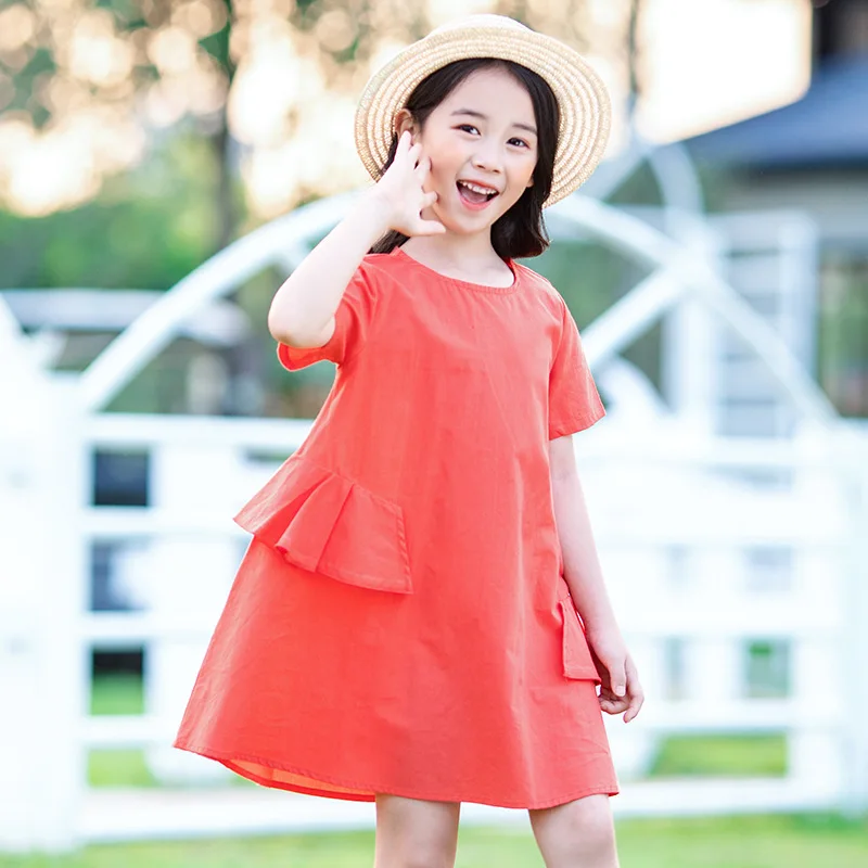 Платья для девочек-подростков свободные хлопковые короткие платья оранжевого